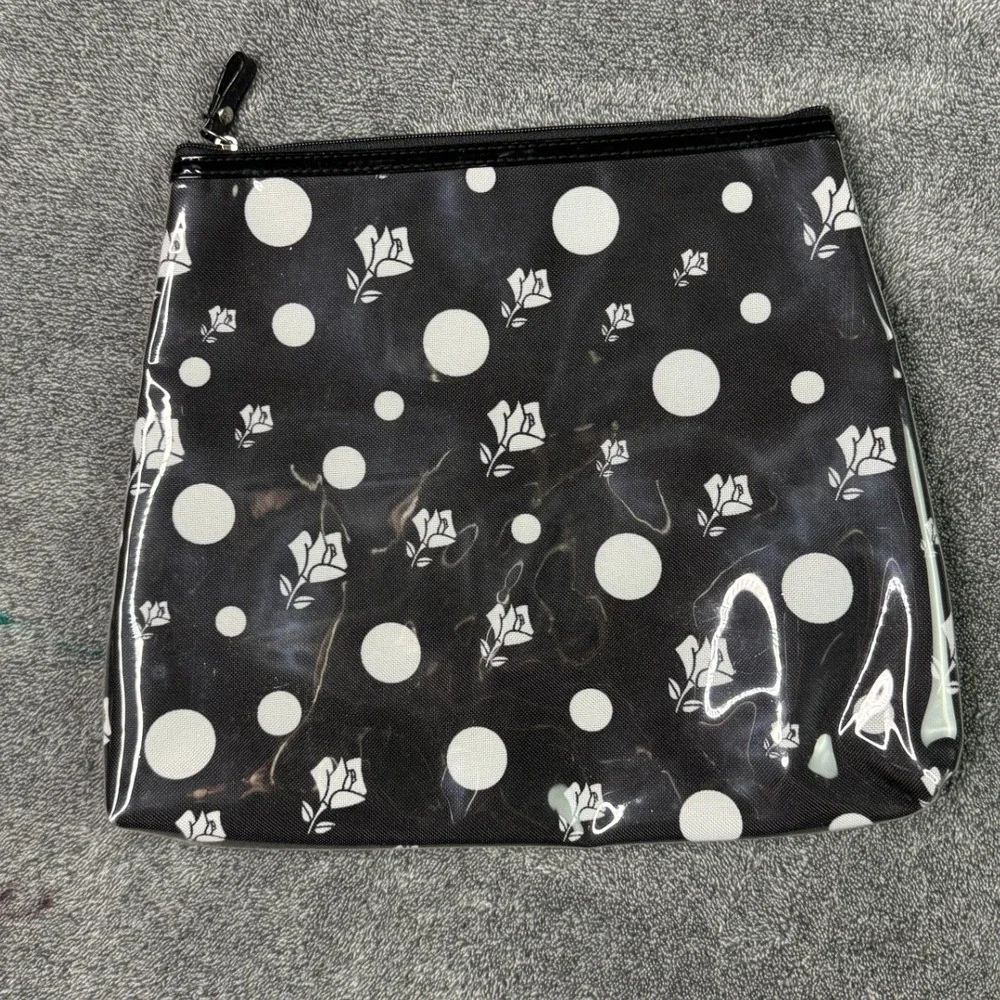 Lancome Black White Polka Dot Rose Floral Vinyl Cosmetic Makeup Bag Pouch 12x9.5